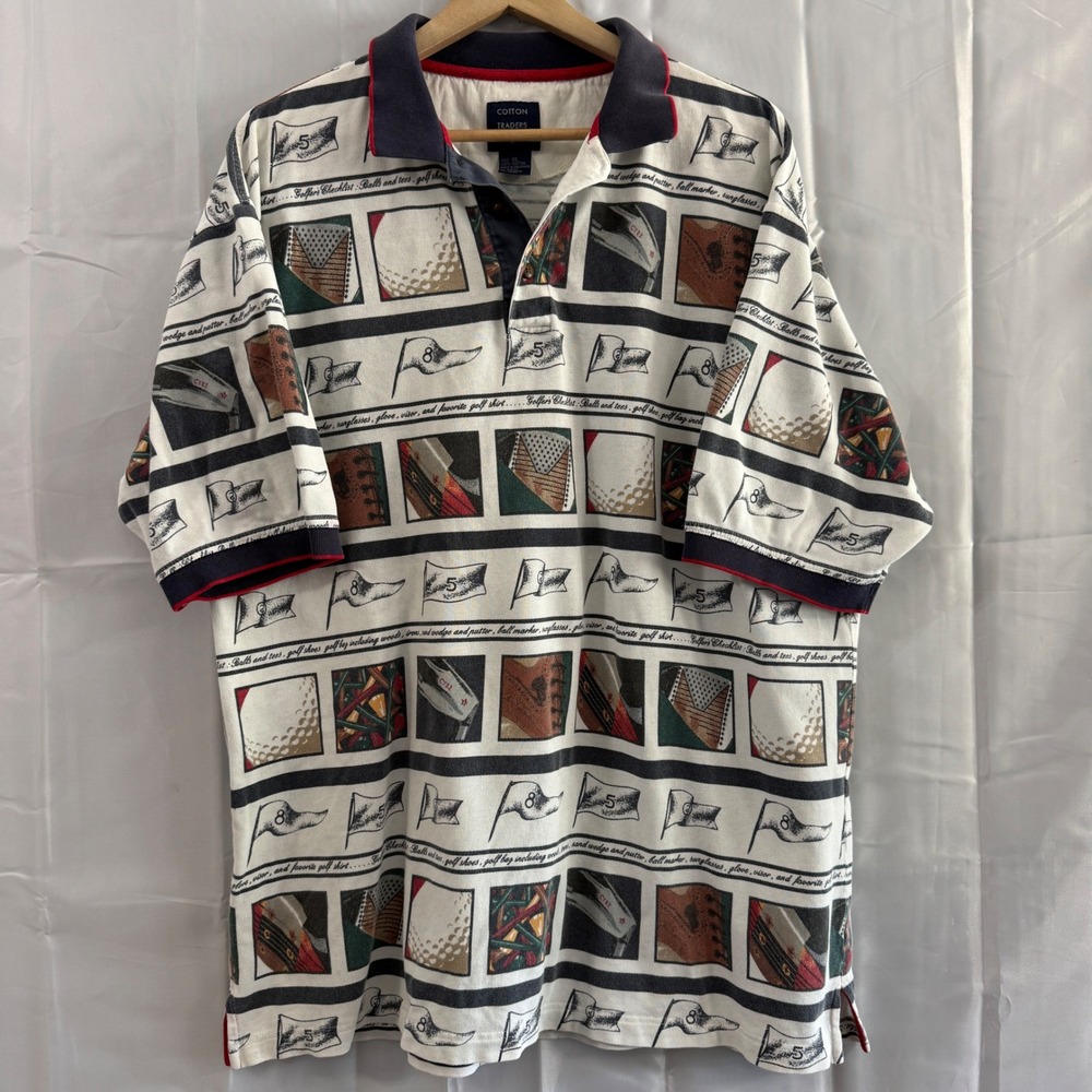 Cotton Traders Sport Mens XL Golf All Over Print Polo Shirt White Vintage